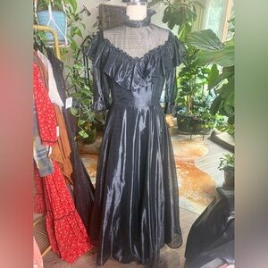 Vintage Black Victorian Gothic Ruffle Gown Sheer Yoke Dramatic Lace Ruffle